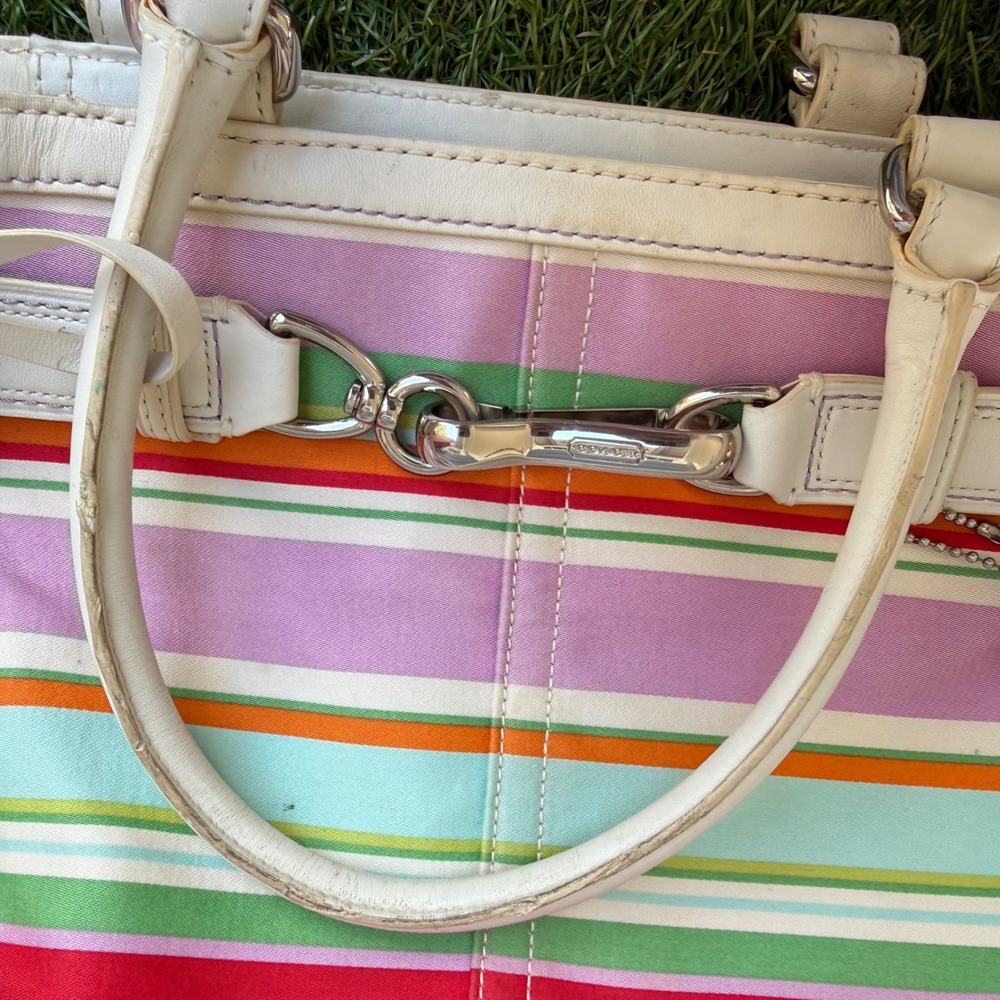 Vtg Y2K Coach Hampton Stripe Satchel Multi Color Pink Leather Tote Bag F10704 - Picture 13 of 14